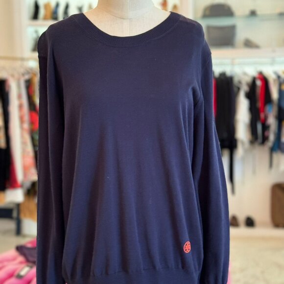 Tory Burch Navy Sweater Orange Logo Embroidery - Picture 1 of 9